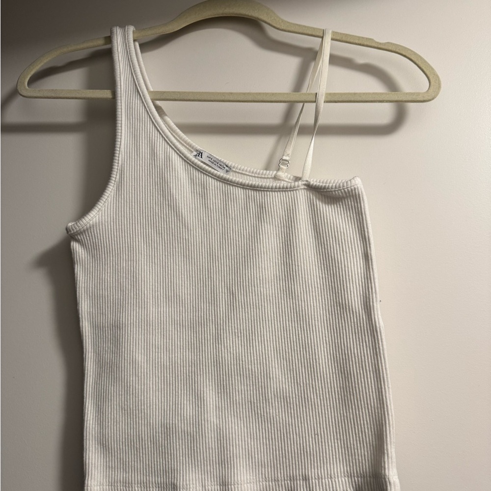 Zara One Shoulder White Ribbed Women's Tank Top